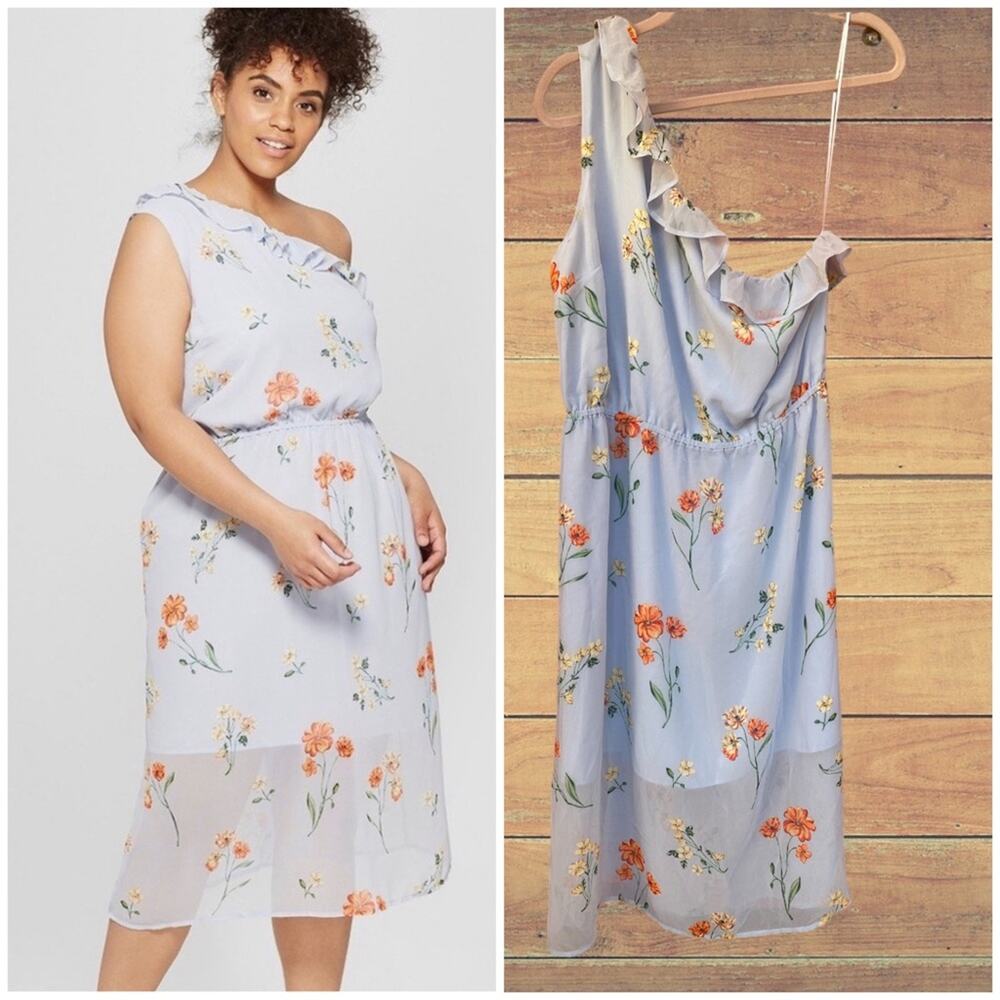 Who What Wear blue one shoulder floral print dress